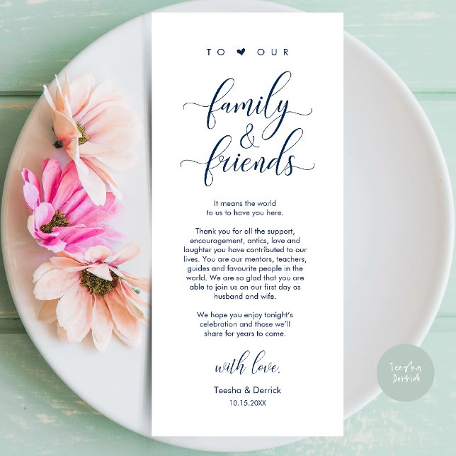 Inställning av tackkort för Ställe-middagen i bröl Program (Welcome and Thanks, Wedding Dinner Place Setting Thank You Card in Classy navy Blue)