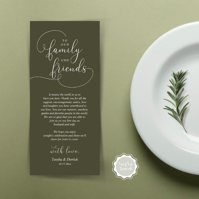 Inställning av tackkort för Ställe-middagen i bröl Program (To Our Family and Friends, Wedding Dinner Place Setting Thank You Card, Modern, Olive Green)