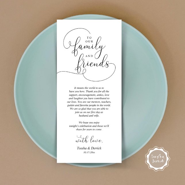 Inställning av tackkort för Ställe-middagen i bröl Program (To Our Family and Friends, Wedding Dinner Place Setting Thank You Card, Modern, Black and White)