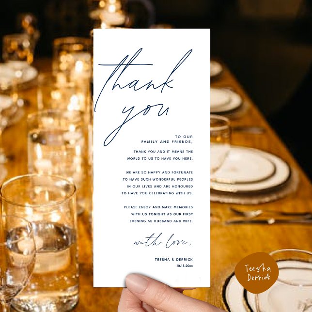 Inställning av tackkort för Ställe-middagen i bröl Program (Romantic Wedding Dinner Lunch Brunch Party Place Setting Thank You Card in Classy Navy Blue)