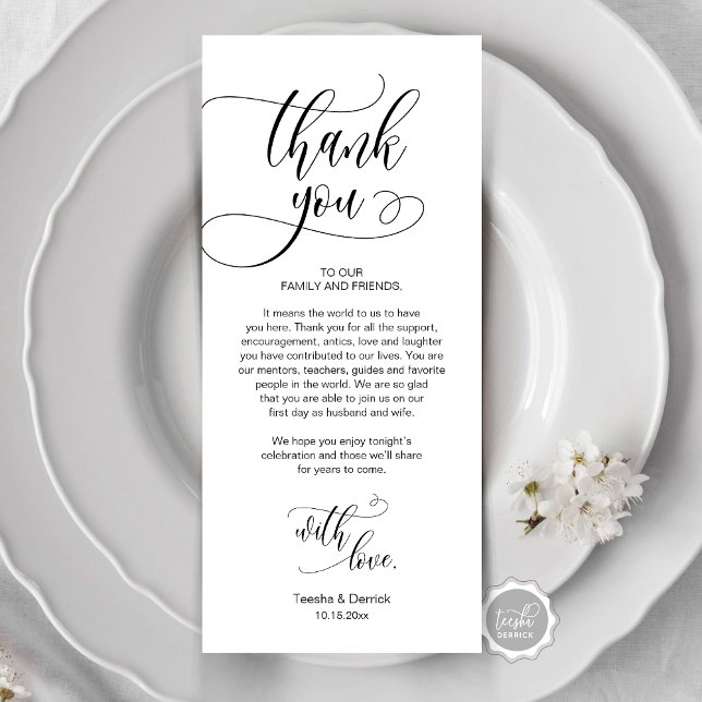 Inställning för middag Tack, modernt skriptkort Program (Place Setting Thank You, Modern Script Card, Wedding Dinner, Brunch, Lunch Plate Decoration)