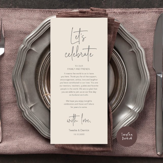 Inställningsdag för Bröllop Party - tackkort Program (Modern Wedding Dinner Place Setting Dinner Party Thank You Card, Let's Celebrate, Romance Cream Grey)