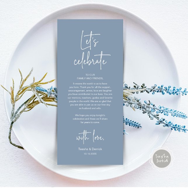 Inställningsdag för Bröllop Party - tackkort Program (Modern Wedding Dinner Place Setting Dinner Party Thank You Card, Let's Celebrate, Dusty Blue)