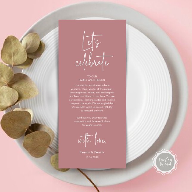 Inställningsdag för Bröllop Party - tackkort Program (Modern Wedding Dinner Place Setting Dinner Party Thank You Card, Let's Celebrate, Dusty Rose Pink)