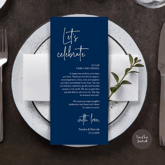 Inställningsdag för Bröllop Party - tackkort Program (Modern Wedding Dinner Place Setting Dinner Party Thank You Card, Let's Celebrate, Classy Navy Blue)