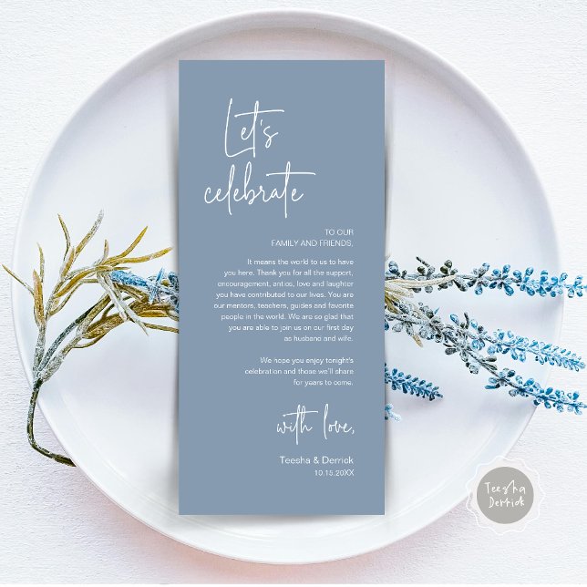 Inställningsdag för Bröllop Party - tackkort Program (Modern Wedding Dinner Place Setting Dinner Party Thank You Card, Let's Celebrate, Dusty Blue)