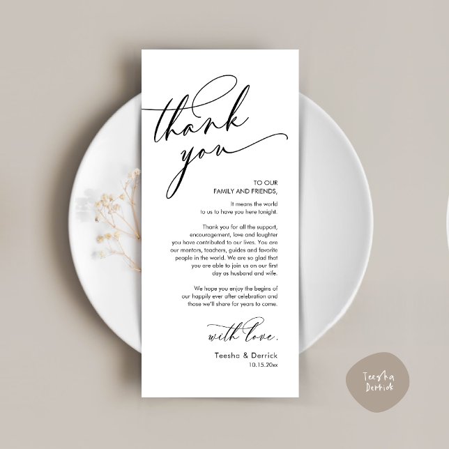 Inställningskort för Romantic Bröllop Tack Ställe Program (Romantic Wedding Dinner Thank You Place Setting Card, in Black and White )