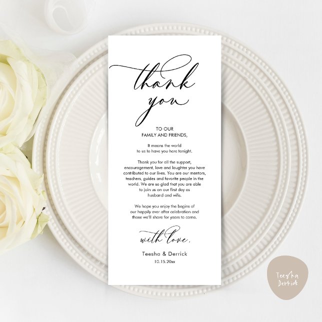 Inställningskort för Romantic Bröllop Tack Ställe Program (Romantic Wedding Dinner Thank You Place Setting Card, in Black and White )