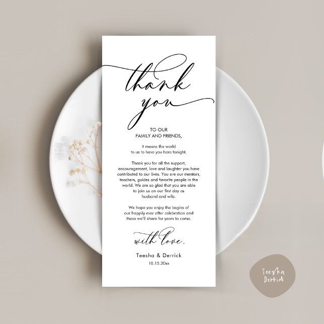 Inställningskort för Romantic Bröllop Tack Ställe Program (Romantic Wedding Dinner Thank You Place Setting Card, in Black and White )