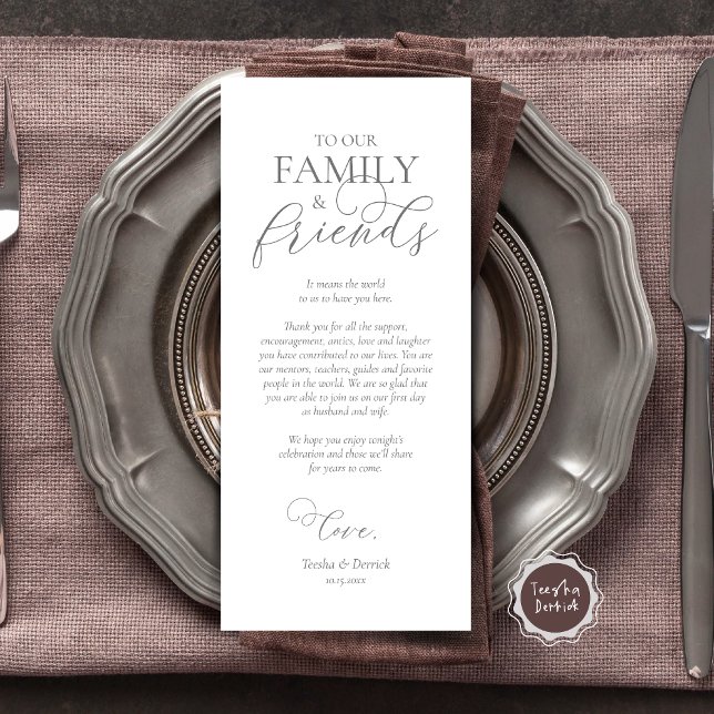 Inställningskortet för Tack vid middagstid Ställe Program (Wedding Dinner Place Setting Thank You Card, Modern Romantic Script, Plate Decor, Dark Grey)