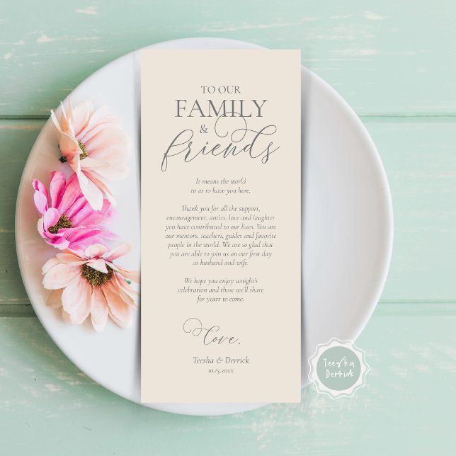 Inställningskortet för Tack vid middagstid Ställe Program (Wedding Dinner Place Setting Thank You Card, Modern Romantic Script, Plate Decor, Grey Cream)