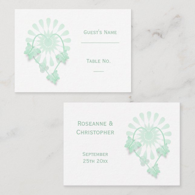 Inställningskortet Peppermint Butterflies i Bröllo Placeringskort (Fram/baksida)