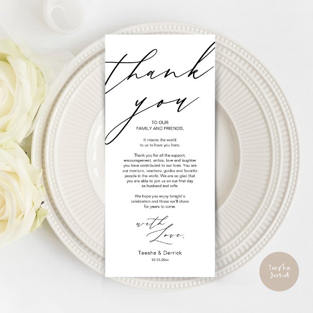 Inställningsmatningskort för Tack för Modern Bröll Program (Wedding Dinner Place Setting Thank You Card, Modern Minimalist Script, in Black White)