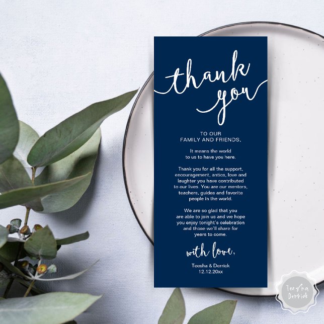 Inställningsmiddagen för Ställe i Rustic Bröllop t Program (Rustic Wedding Place Setting Rehearsal Dinner Thank you Card Plate Decor Navy Blue)