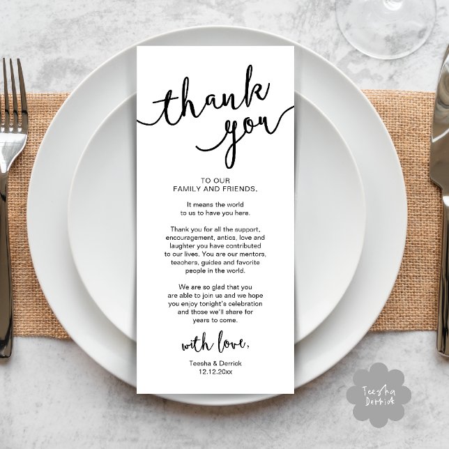 Inställningsmiddagen för Ställe i Rustic Bröllop t Program (Rustic Wedding Place Setting Rehearsal Dinner Thank you Card Plate Decor White Black)