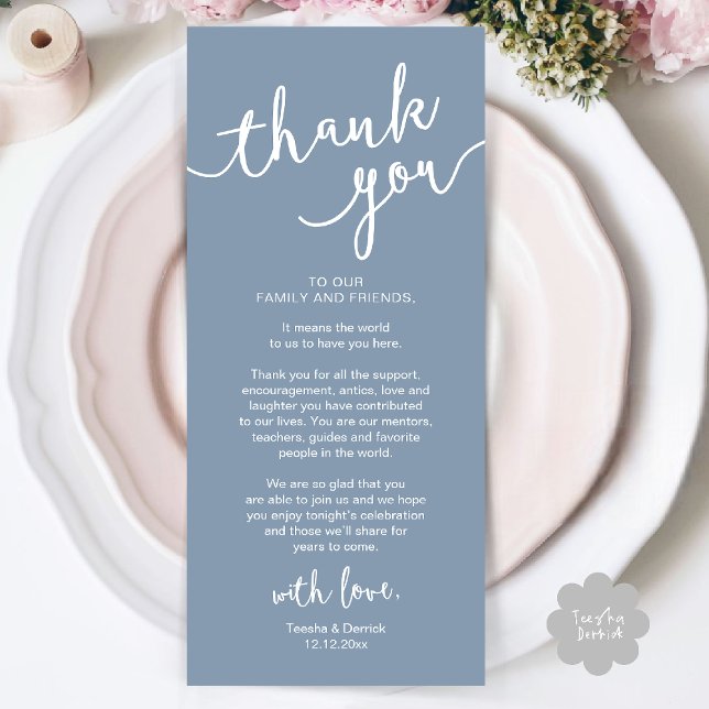 Inställningsmiddagen för Ställe i Rustic Bröllop t Program (Rustic Wedding Place Setting Rehearsal Dinner Thank you Card Plate Decor Dusty Blue)