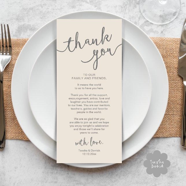 Inställningsmiddagen för Ställe i Rustic Bröllop t Program (Rustic Wedding Place Setting Rehearsal Dinner Thank you Card Plate Decor Cream Grey)