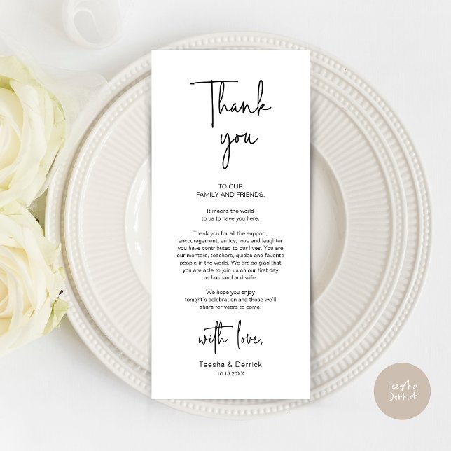 Inställningsmiddagen för tackkort för det moderna  program (Modern Romantic Wedding Place Setting Dinner Thank You Card, in Black and White)
