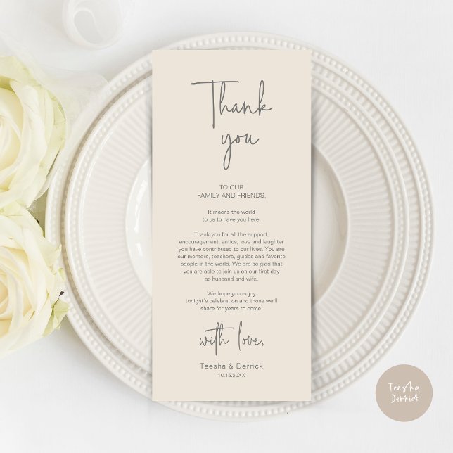 Inställningsmiddagen för tackkort för det moderna  program (Modern Romantic Wedding Place Setting Dinner Thank You Card, in Cream Grey)