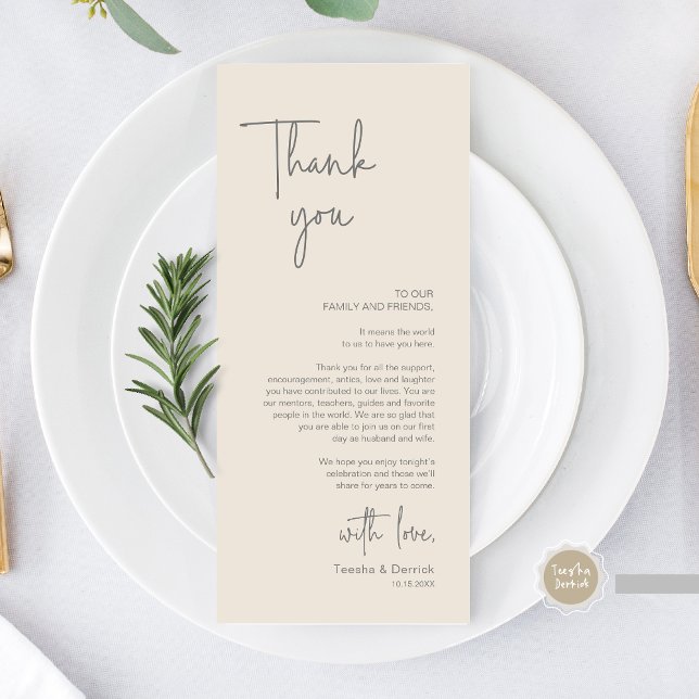 Inställningsmiddagen för tackkort för det moderna  program (Modern Wedding Dinner Place Setting Thank You Card, in Handwriting Script, Grey Cream)