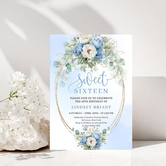 Instant Download Dusty Blue Peony Gold Sweet 16  Inbjudningar (Instant Download Dusty Blue Peony Gold Sweet 16 Invite)