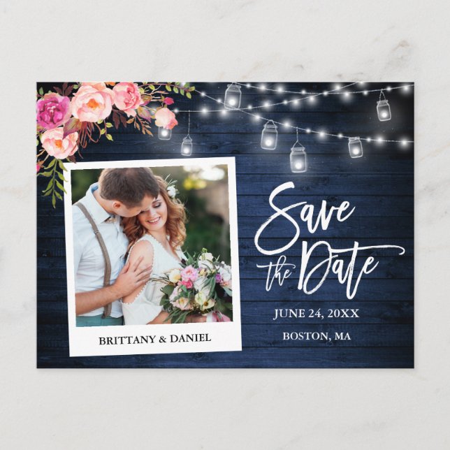 Instant Foto Blå Trä Blommiga Glasburkar Spara Dat Vykort (Framsida)