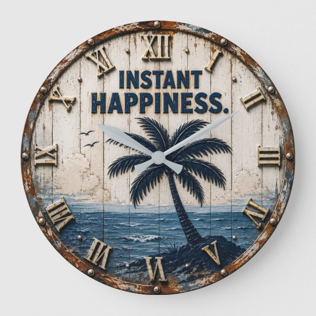 Instant Happiness Coastal  Beach House Palm Tree  Stor Klocka (Framsida)