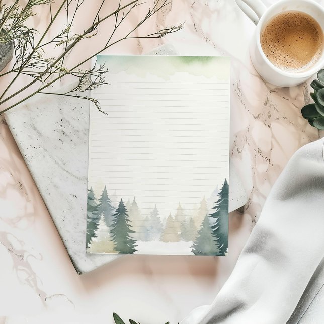 Instruerad med temat grönt gräs träd brevpapper (Watercolor forest lined stationery with pine tree border and soft green accents.)