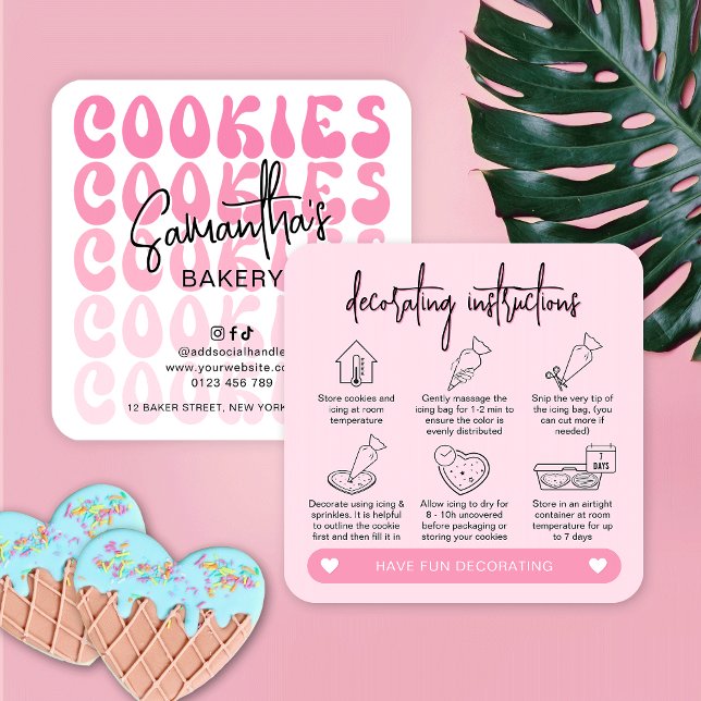 Instruktioner för dekorering av cookie-dekorering  fyrkantigt visitkort (Trendy cookies decorating kit instructions cards in retro pink design with icons)