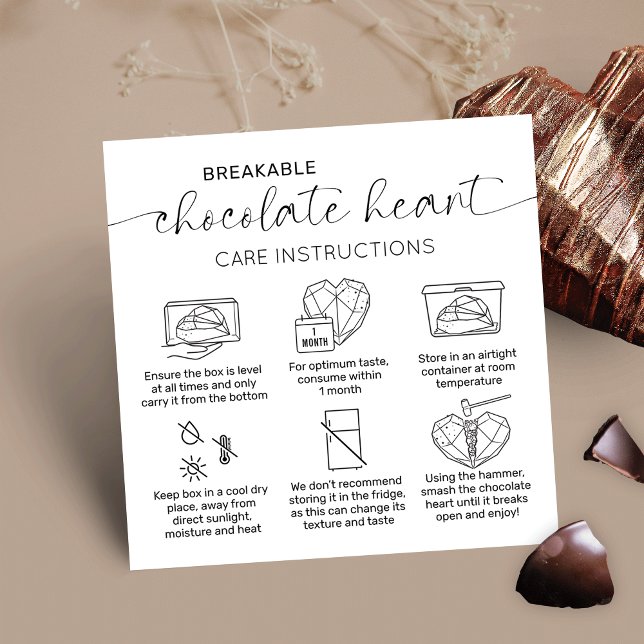 Instruktioner för elegant Chocolate Heart Care Fyrkantigt Visitkort (Elegant breakable chocolate heart customer care instructions cards, perfect to add to your boxes)