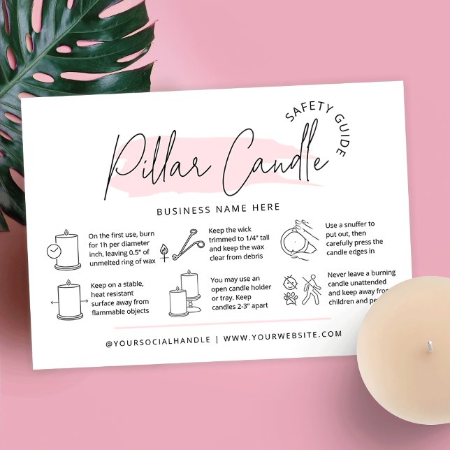 Instruktioner för feminin Rosa Pillar Candle Care Visitkort (Feminine pillar candle care cards with icons, pink watercolor background and space for your details)