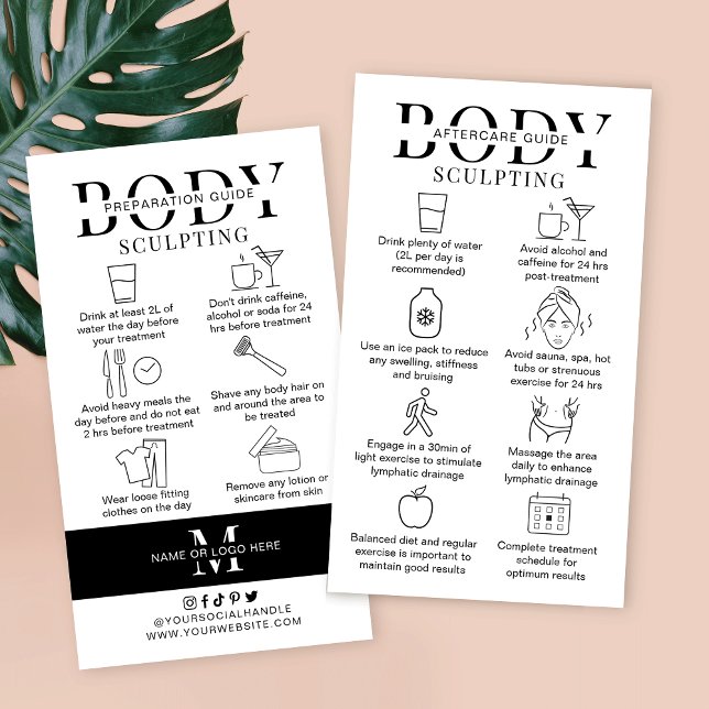 Instruktioner för kroppsskulptering före och efter visitkort (Body contouring treatment before and aftercare instructions cards for body shaping and sculpting)