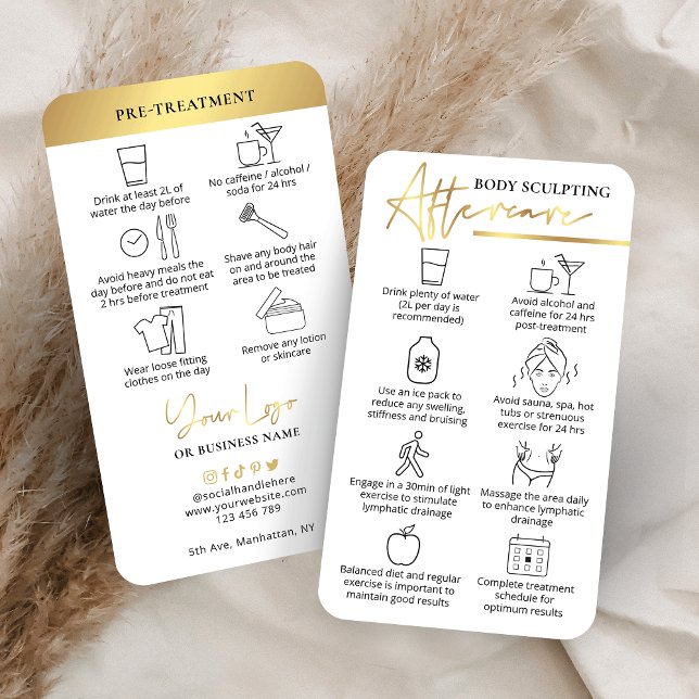 Instruktioner för kroppsskulptering före och efter visitkort (Faux gold effect body sculpting pre and post-care instructions cards with icons and your custom logo)
