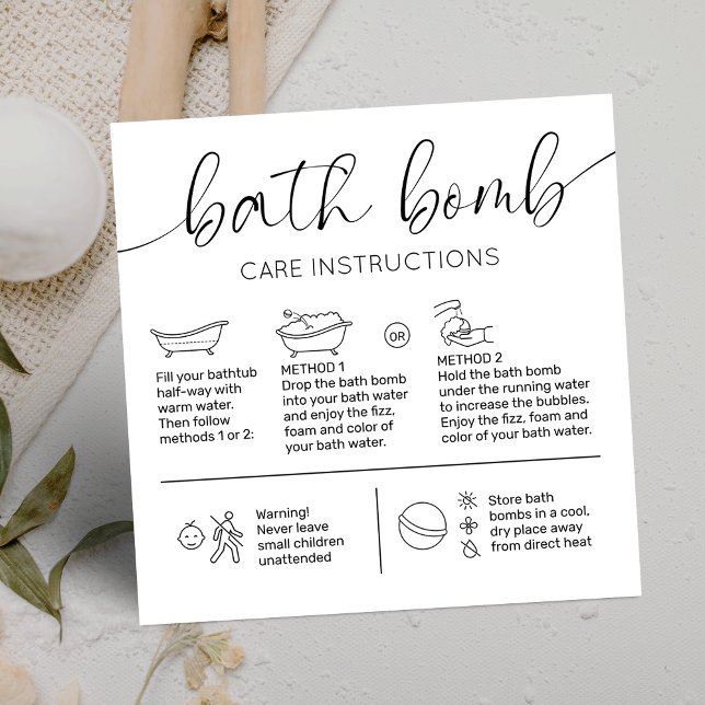 Instruktioner för Logotyp med minimal Elegant för  Fyrkantigt Visitkort (Modern bath bomb care cards with step-by-step icons, minimal aesthetic and elegant script fonts)