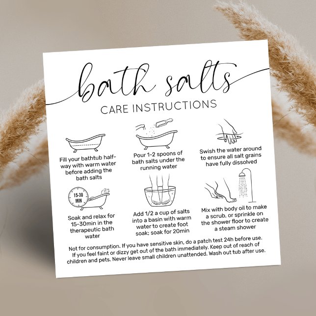 Instruktioner för Logotyp med minimal Elegant för  Fyrkantigt Visitkort (Bath salts care instructions cards with icons and safety information on how to use bath soak)