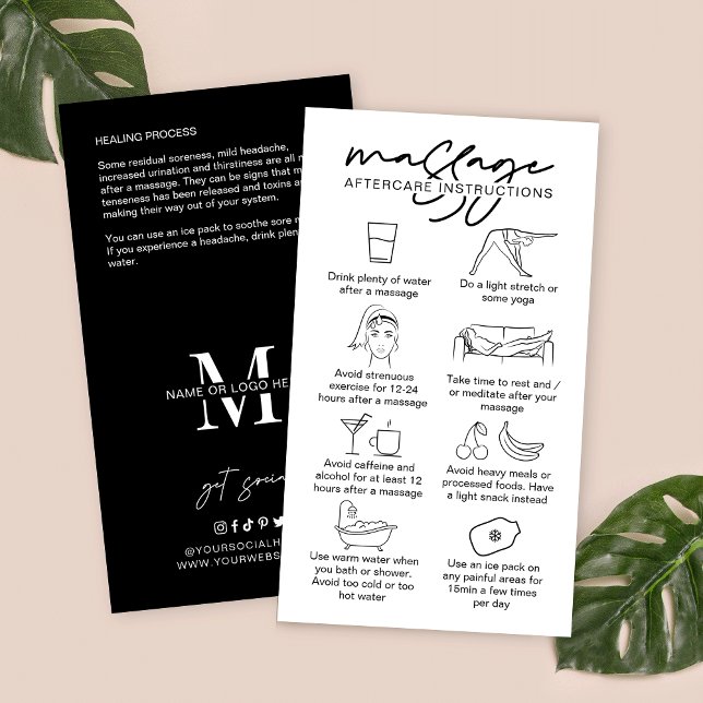 Instruktioner för massageeftervård Minimalistisk å Visitkort (Massage aftercare cards in modern black and white design with care icons and contact details)