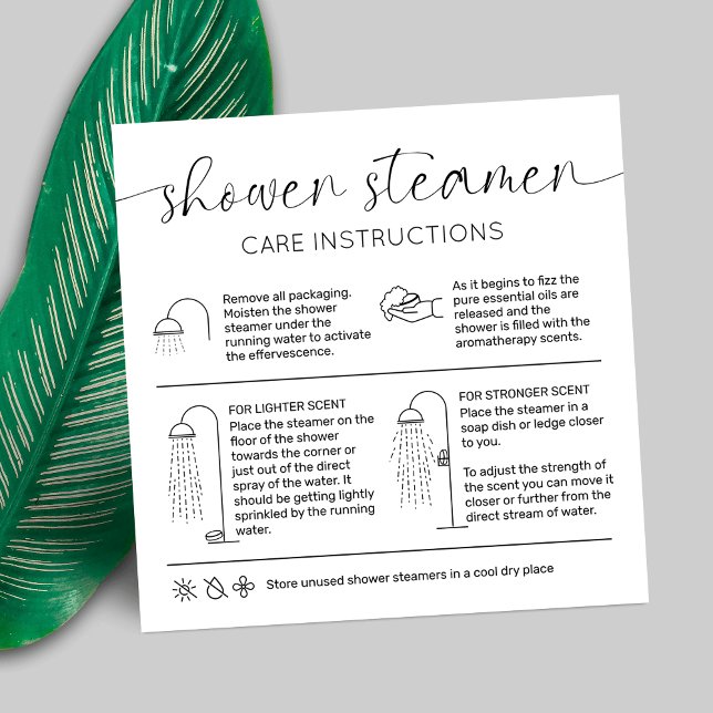 Instruktioner för minimal Elegant för Steamer Care Fyrkantigt Visitkort (Shower steamer instructions cards with icons, elegant script font and modern layout)