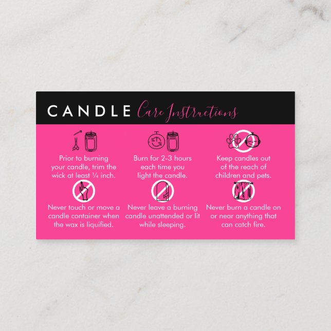 Instruktioner för Neon Rosa Candle Care Visitkort (Baksida)