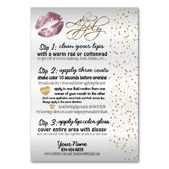 Instruktioner för rosa ros & Guld Lip Application  Bordsnummer (Framsidan)