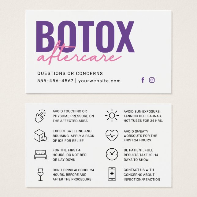 Instruktionskort för Botox Filler Injektion Efterv Visitkort (Framsida & baksida)