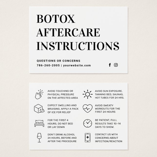 Instruktionskort för Botox-injektion Efterbehandli Visitkort (Framsida & baksida)