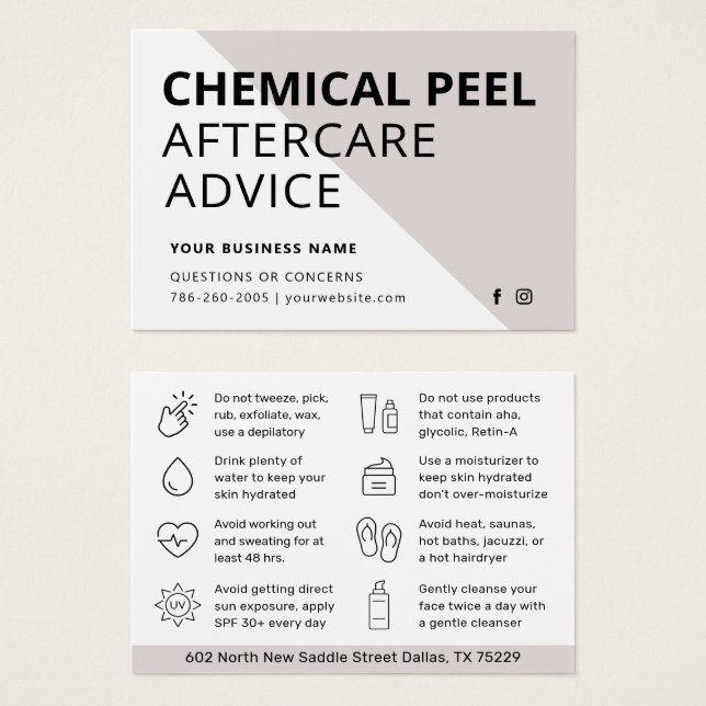 Instruktionskort för enkel kemisk peel-efterbehand visitkort (Framsida & baksida)