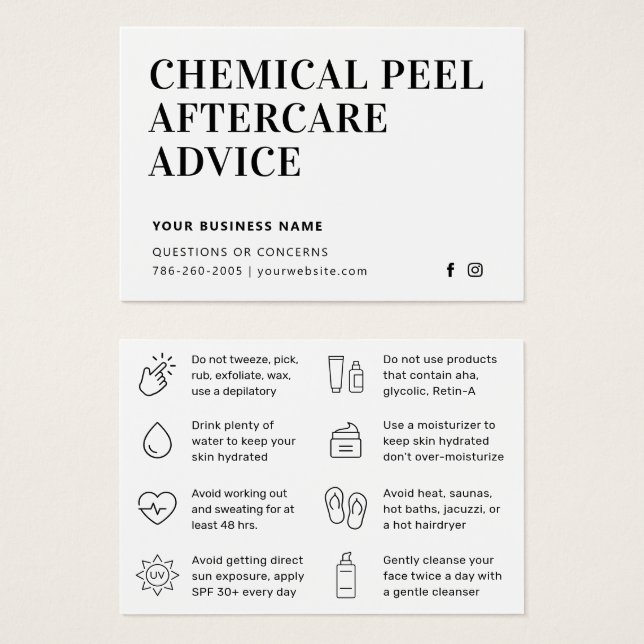 Instruktionskort för enkel kemisk peel-efterbehand visitkort (Framsida & baksida)