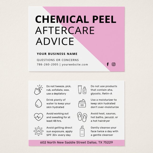 Instruktionskort för enkel kemisk peel-efterbehand visitkort (Framsida & baksida)