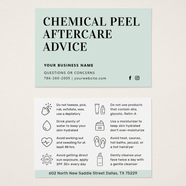 Instruktionskort för Färg Chemical Peel Aftercare Visitkort (Framsida & baksida)