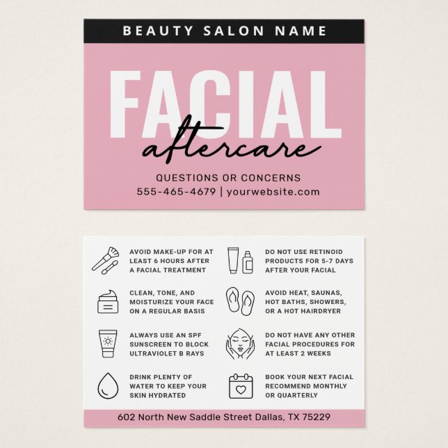 Instruktionskort för Färg Rosa Face Aftercare Visitkort (Framsida & baksida)