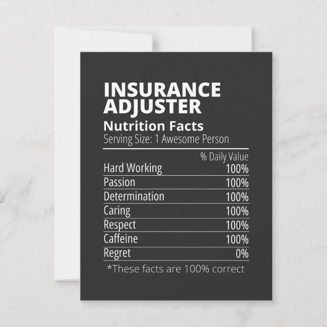 Insurance Adjuster Nutrition Facts Funny Tack Kort (Framsida)