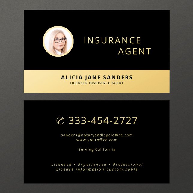 Insurance agent  black gold professional photo visitkort (Skapare uppladdad)