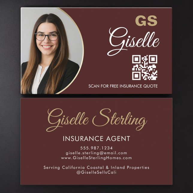 Insurance Agent Burgundy Gold Photo QR Code  Visitkort (Skapare uppladdad)