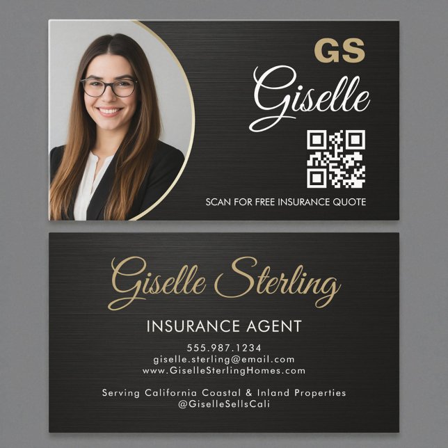 Insurance Agent Metallic Black Photo QR Code  Visitkort (Skapare uppladdad)